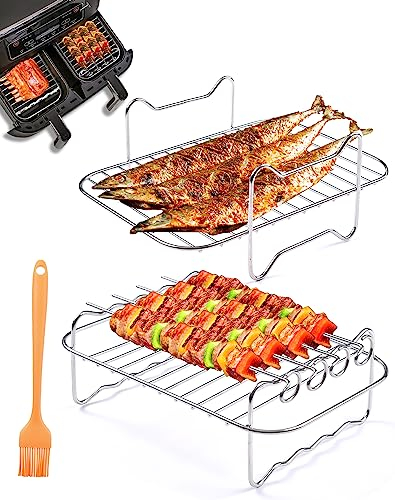 Air Fryer Rack 7Pcs Compatible with Ninja Food Dual Zone Air Fryer AF300UK AF400UK Layered Dehydrator Racks with 4 Skewers Air Fryer Accessories 304 Stainless Steel for 3.7Qt-4.2Qt Dual Air Fryers