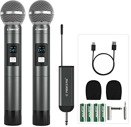 Phenyx Pro Dual Digital Wireless Microphone System, w/2 Handheld Dynamic Microphones,15 UHF Frequency Groups, Mini Receiver, Metal Cordless Mic for Karaoke,Church,DJ,Singing (PDP-2-2H)