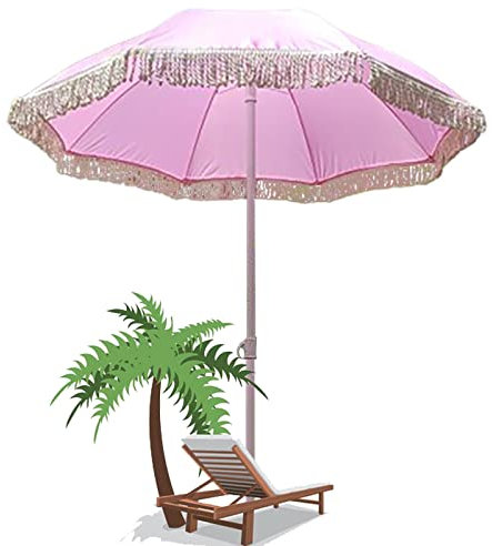 CHEVVY Sombrilla De Jardín De 1,8m, Rosa Con Borla Parasol, Sombrilla De Playa - Inclinable - Sombra - Resistente A Los Rayos UV, Para Exterior Playa Terraza Camping Piscina