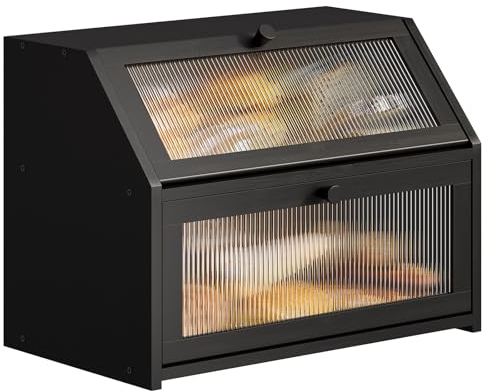 BMOSU Grande boîte à pain pour comptoir de cuisine, boîte à pain double couche pour comptoir de cuisine, boîte à pain en bois de bambou, capacité de stockage (noir)