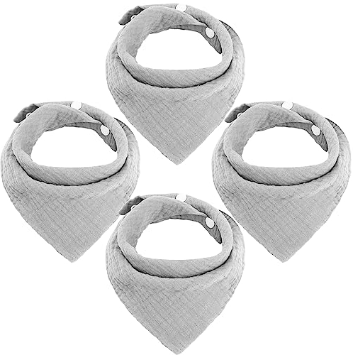 WD&CD 4 Stück Baby Dreieckstuch Lätzchen Grau, Doppellagig Weiche & Absorbierende Musselin Halstüch Sabberlätzche mit 2 Verstellbares Druckknopf