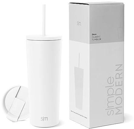 Simple Modern Thermobecher mit Strohhalm und Deckel | Trinkbecher mit Henkel Wiederverwendbare Edelstahl | Geschenke für Frauen und Männer | Classic | 710ml | Winter White