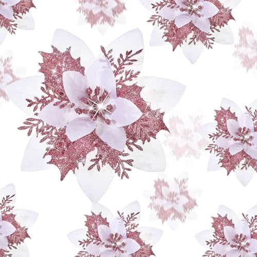 24 Glitzer Weihnachtsstern Blumen Künstliche Weihnachten Blumen Ornamente Hochzeit Blume Deko Weihnachtsbaumschmuck mit Clip für Geschenk, 6 Zoll, 4 Zoll, 3 Zoll (Weiß Rosa)