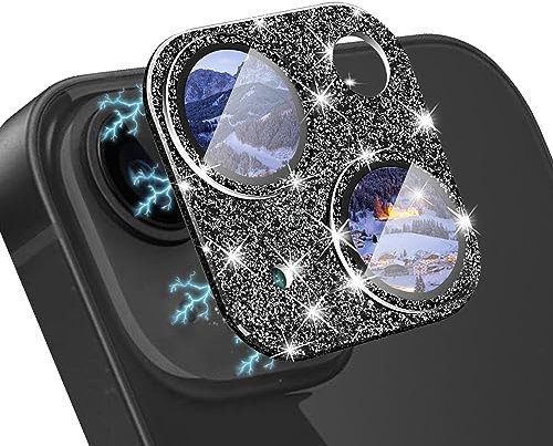 WoPail Camera Lens Protector for iPhone 15/15 Plus, Lens Protectors Bling Glitter 9H Tempered Glass Cover, HD Clear, Anti Scratch Camera Cover for iPhone 15/15 Plus - Black