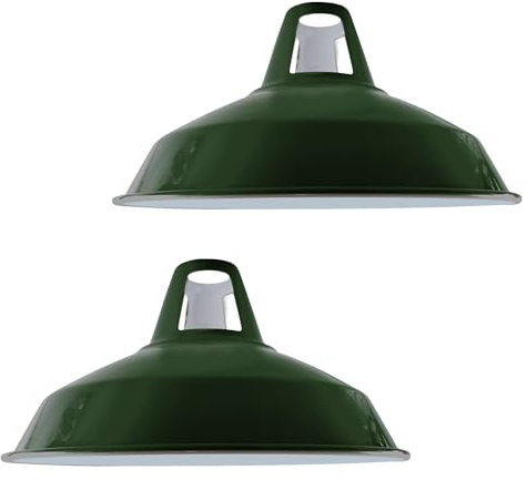 2er-Pack industrielle moderne 30 cm Lampenschirme im Retro-Stil aus Metall, einfache Montage, E27/B22-Sockel, Hängelampenschirme mit gratis Reduzierplatte für Kücheninsel (Green)