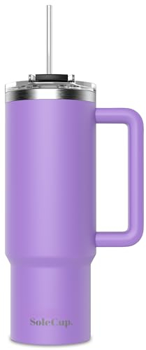SoleCup. 30oz Travel Mug with Handle, Lid and Two Straws, Drinks Stay Hot for 8 Hours and Cold for 24 Hours - Double Wall Stainless Steel Vacuum Insulated Tumbler (Violet, 30oz)