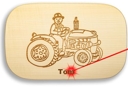 DEKOFANT Frühstücksbrettchen Holz Traktor Bulldog personalisiert mit Namen | 25 x 16 x 1,5 cm extra dick, Geschenk für Landwirte, Bauernhof-Fans, 25 x 16 x 1, 5 cm extra dick, Brotzeitbrett, Vesperbrett