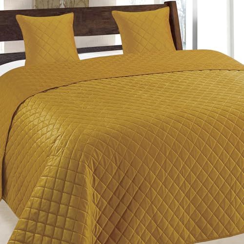 Euromat Tagesdecke Steppdecke Bettüberwurf Gesteppte Tagesdecke mit 2 Kissenbezüge 40x40 cm- (Senfgelb- Velvet Amarante, 220x240 cm)