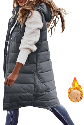 Women's Long Puffer Gilet Longline Casual Quilted Jacket Thick Hooded Bodywarmer Jacket Vest Full Zipper Sleeveless Down Trench Coats Thickened Warm Windbreakers Padded Waistcoat with Pocket
