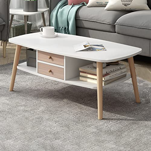 Ovaler Couchtisch mit Stauraum, Wohnzimmertisch mit 2 Schubladen und offenem Regal, rustikaler Sofatisch mit Holzmaserung im Landhausstil mit Beinen aus Massivholz, Teetisch-Mitteltisch für