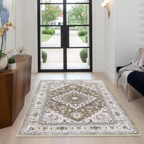 XSIVOD 60x90cm Vintage Area Rugs for Entryway, Small Non-slip Boho Distressed Throw Bedside Rug Bathroom Door Mat, Luxury Soft Low Pile Washable Carpet for Livingroom Laundry Bedroom, Brown Ivory