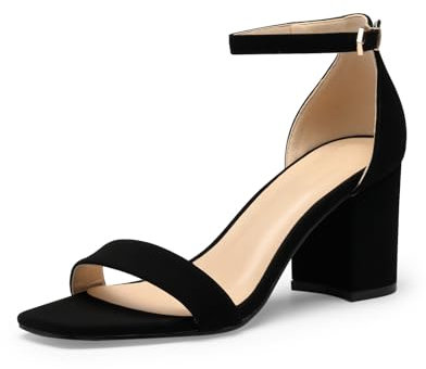 Zhabtuc Sandali con tacco largo e cinturino da donna, tacco medio di 6 cm, cinturino alla caviglia, sandali aperti con lacci e punta quadrata, Nabuk nero, 40 EU