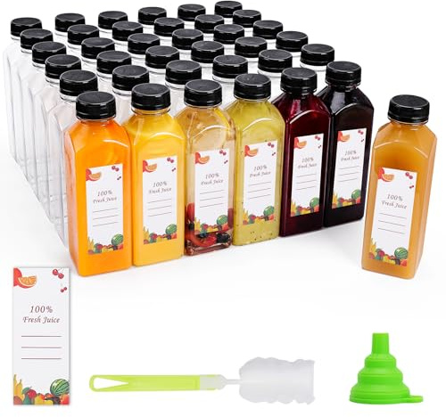 OBKJJ Plastic Juice Bottles 150 pcs 16 oz Empty Plastic Water Bottles with Caps Reusable Clear Beverage Containers for Drinking, Juicing, Smoothie, Water with 2 Brushes, 2 Funnels (16-OZ)