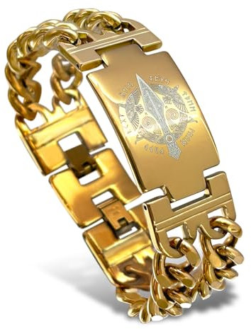 bahamut Mens Viking Odin Gungnir Mjolnir Stainless Steel Cool Cuban Chain Link Bracelet for Men,Norse Cuff Wristband Jewelry (Gold Gungnir Spear)