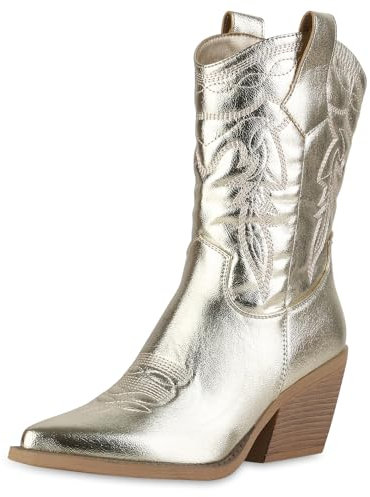 VAN HILL Damen Cowboystiefel Trichterabsatz Zierperlen Trendy Schuhe 215141 Gold 38