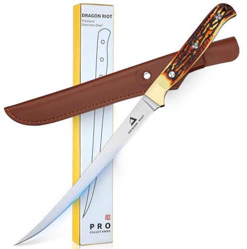 DRAGON RIOT Filetiermesser Fisch, 18.5 CM Fishing Edelstahl Fischmesser mit Anti-Rutsch-Griff，Ausbeinmesser Profi Angelmesser Sehr Scharf mit Scheide für Fisch & Fleisch, Geschenk für Männer