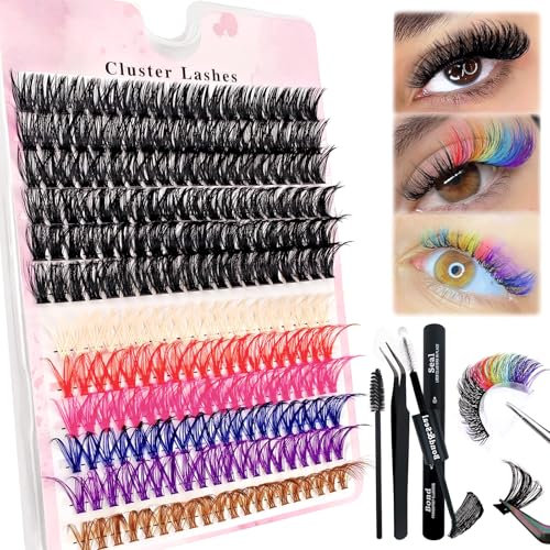 240 Pcs DIY Wimpern Extensions Set 0.07D Wimpern Einzeln Individuelle Falsche Wimpern Cluster Mix 6 Farben mit Wimpernkleber und Pinzette für Anfänger Wiederverwendbar Wimpernbüschel (80D+Color)