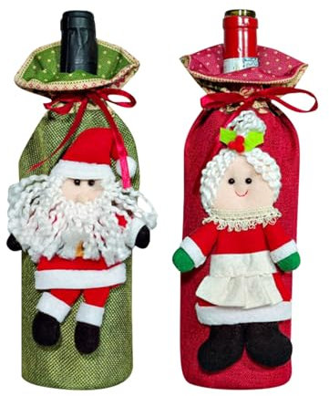 2 Packs Christmas Wine Bottle Covers - Handmade Gift Bags and Toppers - Decorative Reusable Bags for Xmas (Style C)