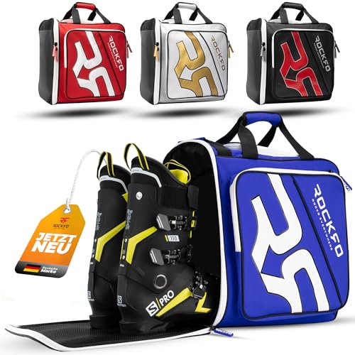 ROCKRO Skischuhtasche mit Helmfach - Robuste Tasche für Skischuhe - Wasserabweisende Skistiefeltasche mit Helmfach - Praktischer 7 Zonen Ski Rucksack für Ski Schuhe Helm Skibrille [ Blau - 49 L]