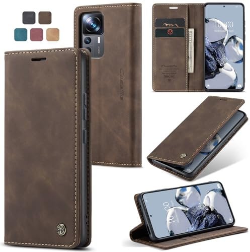 owlhold Hülle Xiaomi 12T/12T Pro klapphülle Premium Lederhülle Weiches Vintage-Nubukleder Faltbare Ständer Schutzhülle Kartenfach Standfunktion Handyhülle Xiaomi 12T/12T Pro/K50 Ultra - Kaffee