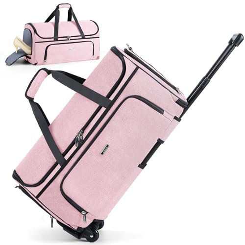 Lekespring Kleidersack mit Rollen, Convertible Weekender-Beutel, Große Handgepäck-Kleidungsbeutel für den Reisen, Garment Duffle Bag, 55L (Rosa)