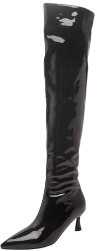 CHICMARK Stivali alti da donna in pelle laccata alla coscia, stivali sopra il ginocchio con punta a punta e tacco gattino, Nero , 32 EU