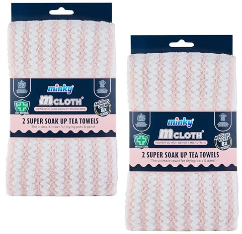 Minky Super Soak Up Tea Towels Pink Pack of 4, Ultra-Absorbent, Powerful High-Density Microfibre, Anti-Bacterial Formulation, Hanging Tag For Easy Storage, Machine Washable
