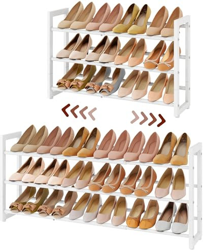 FAVOOSTY 3 Ebenen Schuhregal Metall Ausziehbares Weiß, Verstellbar Platzsparend, Shoes Rack, Robustes Schuhständer für Eingangsbereich, Schlafzimmer