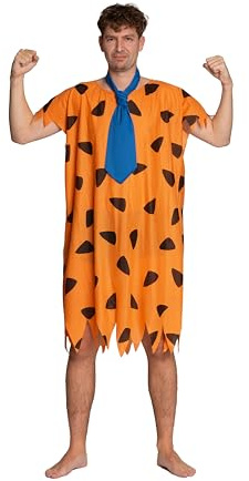 Partychimp Fred Flintstone Kostüm Herren, Lustiges Steinzeit Kostüm mit Tunika & Krawatte, Höhlenmensch Kostüm für Karneval, Mottoparty & Festival, Orange, Erwachsene, Größe XL
