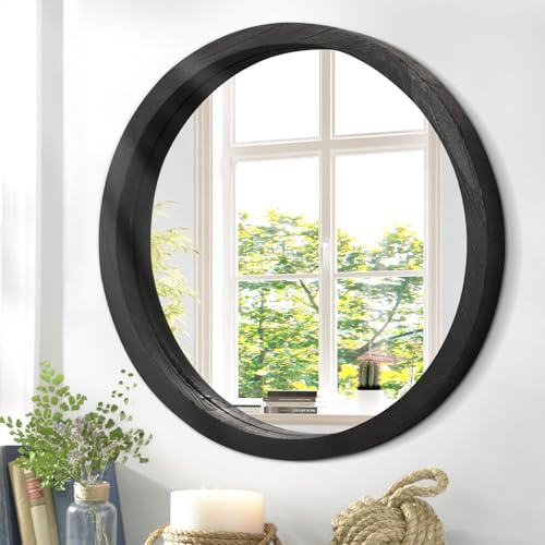JJUUYOU Runder Wandspiegel, 40 cm, rustikaler Holzrahmen, kleiner Spiegel für Badezimmer, Eingangsbereich, Wohnzimmer, Schlafzimmer, moderne Bauernhaus-Dekoration, Schwarz