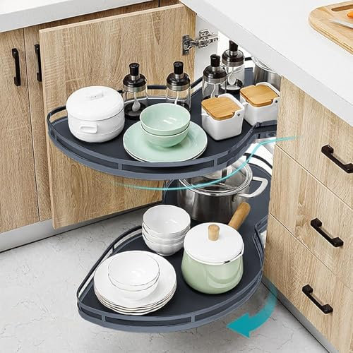 WUDLEP Kitchen Blind Cabinet Corner Unit, 2 Tiers Carousel Twin Shelf Swing Tray Basket Kitchen Storage Organizer, Corner Pull Basket Shelving Flying Saucer for 900mm-1000mm Cabinet, Right Open