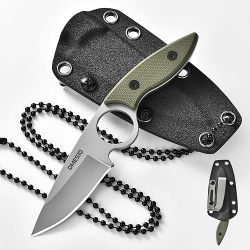 OMESIO Cuchillo de cuello – Incluye funda Kydex y collar de bola para colgar cuchillo EDC – de acero 5CR13MoV G10 fuerte mango compacto pequeña hoja fija, adecuado para camping y senderismo