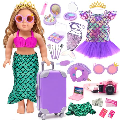HAPGFS American 18 Inch Doll Makeup Accessories and Travel Set Mermaid, Including Purple Suitcase Luggage Dress Eye Shadow Lipstick Eyelash Brush Dolls Travel Gear Play Set Gift for Birthday (NO Doll)