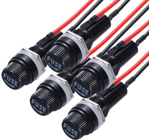 QUARKZMAN 5Pcs Support De Fusible À Montage Panneau 6x30mm AC 250V 10A/AC 125V 15A Support De Fusible À Bouchon Vis Avec Fils Pré-Soudés, Port Oblate