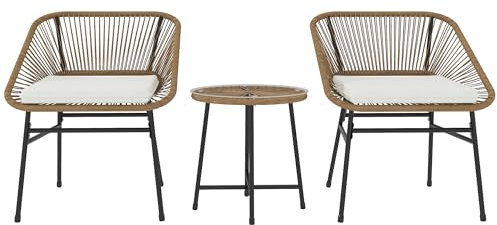 Outsunny Set da Giardino 3 Pezzi in Rattan PE e Acciaio, Set 2 Sedie con Cuscini e Tavolino da Caffè a Cilindro con Piano in Vetro, Set di Mobili da Balcone, per Patio e Cortile, Color Legno