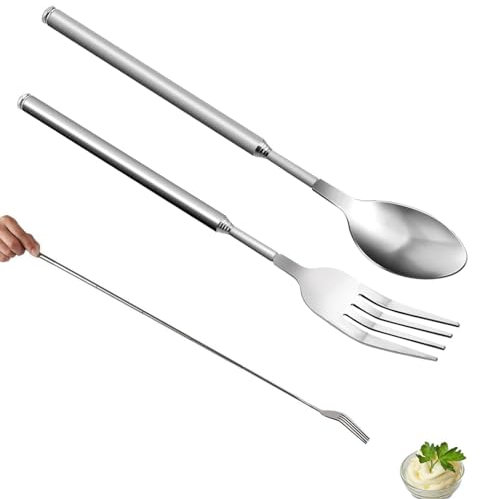 2 Stück Teleskopgabel Set - Edelstahl Teleskop Gabel und Löffel, praktisch und kompakt für Picknicks und BBQ