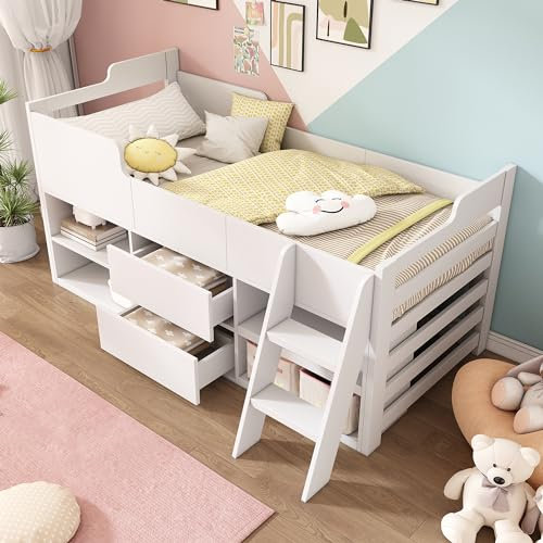 Miyemo Bunk Bed for Kids, 3ft Cabin Mid Sleeper Frame with Drawers Shelf Storage, Single Children's Wooden Bed, Low Sleeper Beds, White, 90 * 190cm, Without Mattress