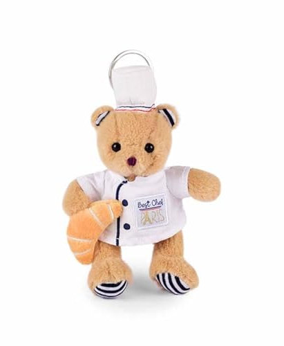DOUDOU ET COMPAGNIE - Porte-Clés Ours Chef Pâtissier Parisien - 14 Cm - Collection Amour de Paris - avec Toque et Croissant - Mini Peluche Accessoire pour Sacs - Idée Cadeau Souvenir Paris - SP4288