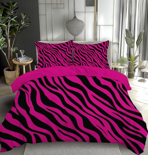 MULERN Housse de Couette 200x200cm, Rose Fluo Imprimé Zèbre Rose Fluo Parure de lit en Microfibre avec Fermeture Éclair, Réversible Housse de Couette Imprimé Mignon avec 2 Taie d'oreiller 65 x 65cm
