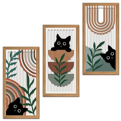 TOARTi 3 Stück Schwarze Katze Wanddeko Bohemian Wandkunst Boho Wanddekoration Wohnzimmer Blatt Bilder Mitte Jahrhundert für Bauernhaus Flur Schlafzimmer Büro Wandbilder 20x40cm