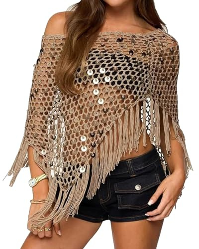 Generisch Poncho mit Fransen und Pailletten, durchsichtiger Poncho für Damen, Strand-Strick-Mesh-Überwurf, Leichter Überwurf für Festivalurlaub (Khaki,Einheitsgröße)