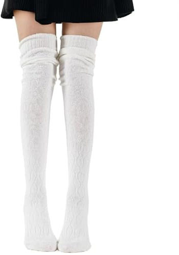 louuuou White Knee High Socks for Women, Cable Knit 60cm Thigh High | White Thigh High Socks, Over Knee Stockings for Women, Winter Cable Knit, 60cm Length