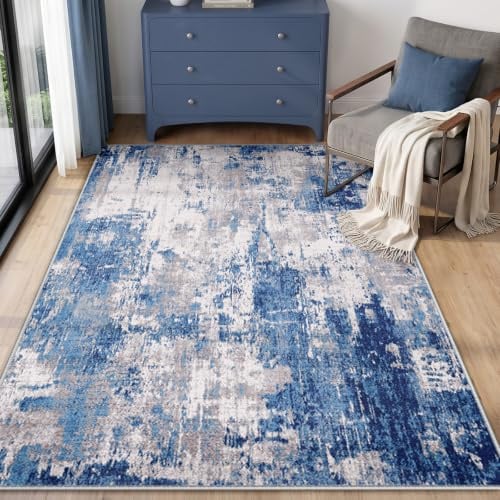 INOVADAY Abstrakt Waschbarer Teppich 90x150 cm Blau/Grau | Teppich Wohnzimmer, Teppich Waschbar, Schlafzimmer, Esszimmer, Büro, Moderne Minimalistische, Kurzflor Weich Rutschfest, OEKO