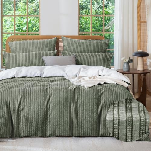SOULFUL Bettwäsche 155x220 Baumwolle Gestreift, Jacquard Textur Bettwäsche-Set Enthält 1 Bettbezug 155x220 und 1 Kissenbezug 80x80, Bequem und Atmungsaktiv, Öko-Tex 100 Zertifiziert, Oliv Grün