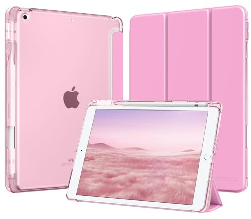 MoKo Cover per iPad 9a/8a/7a Generazione 10,2 Pollici 2021/2020/2019 con Portapenna, Custodia Trifold Sottile e Leggera con Retro in PC Rigido Traslucido, Auto Svegliati/Sonno, Rosa