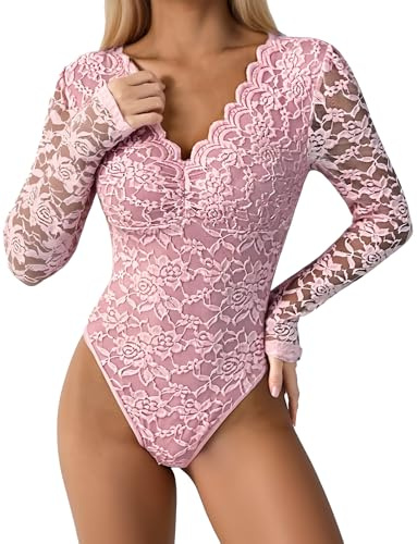 Ausing Women's Sexy Lace Bodysuit Long Sleeve Night Out Top Slim Fit Clubbing Going Out Body Suit Sheer Evening V Neck Leotard XS-L