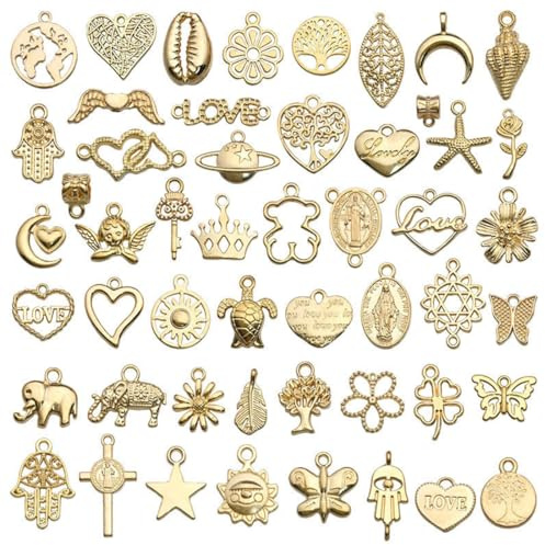 50er-Set KC goldene Anhänger, für DIY-Schmuck, Schildkröten-/Blumenmuster, charms, anhänger set