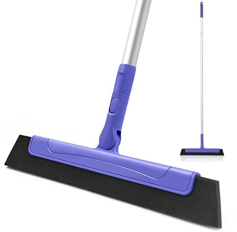 TRENNCHI Escobilla de goma para piso de azulejos y vidrio de ducha, escoba de goma con mango largo de aluminio de 48.4 pulgadas, limpiador de pelo de mascotas para limpieza de ventanas, hogar, garaje