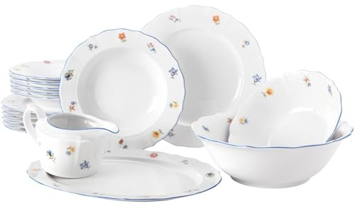 Seltmann Weiden Sonate Nostalgie Tafelservice 16-teilig | Teller, Schüsseln und Sauciere für 6 Personen | Geschirr-Set mit Blumendekor | Porzellan, Spülmaschinen- & Mikrowellengeeignet | Weiß-Geblümt
