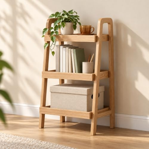 YESWOOD Leiterregal Eiche Massivholz mit 3 Ablagen 45x32x80 cm Natur | Schmales Bücherregal, Standregal für Pflanzen, Bücher und Deko, Küchenregal Holzregal ideal neben Bett, Sofa oder an der Wand
